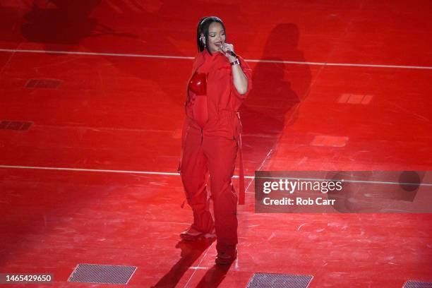 Rihanna performs onstage during the Apple Music Super Bowl LVII Halftime Show at State Farm Stadium on February 12, 2023 in Glendale, Arizona.