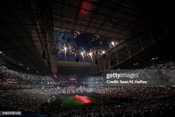 Rihanna performs onstage during the Apple Music Super Bowl LVII Halftime Show at State Farm Stadium on February 12, 2023 in Glendale, Arizona.