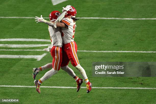 Jerick McKinnon and Isiah Pacheco of the Kansas City Chiefs celebrate during the fourth quarter against the Philadelphia Eagles in Super Bowl LVII at...