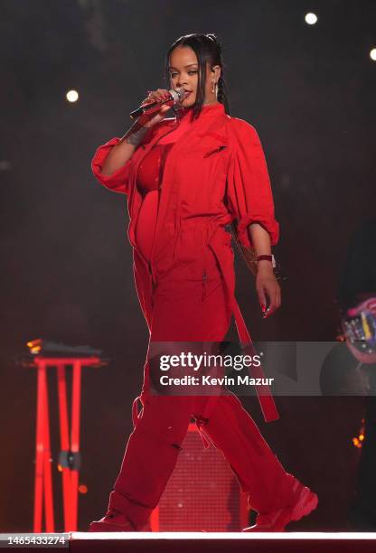 Rihanna performs during Apple Music Super Bowl LVII Halftime Show at State Farm Stadium on February 12, 2023 in Glendale, Arizona.