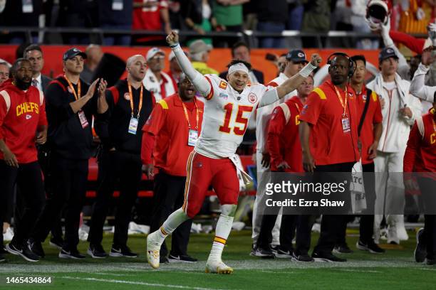 Patrick Mahomes of the Kansas City Chiefs celebrates in Super Bowl LVII at State Farm Stadium on February 12, 2023 in Glendale, Arizona.