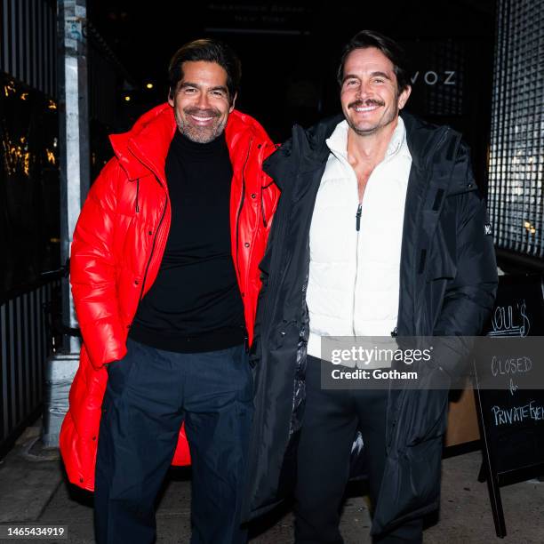 Brian Atwood and Jake Deutsch attend the Mackage X Olivia Palermo dinner at Raoul's in SoHo on February 12, 2023 in New York City.