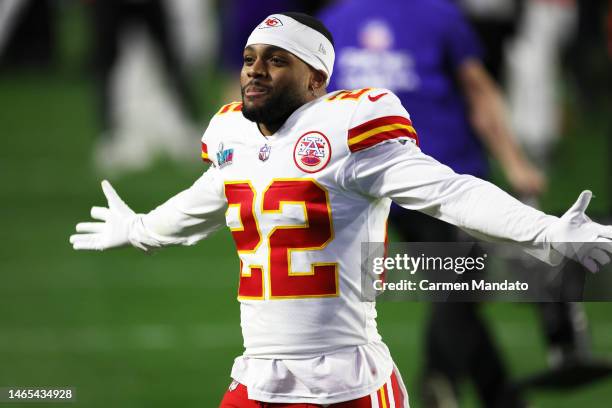 Juan Thornhill of the Kansas City Chiefs celebrates after defeating the Philadelphia Eagles 38-35 to win Super Bowl LVII at State Farm Stadium on...