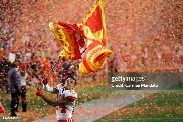 Skyy Moore of the Kansas City Chiefs celebrates after beating the Philadelphia Eagles in Super Bowl LVII at State Farm Stadium on February 12, 2023...