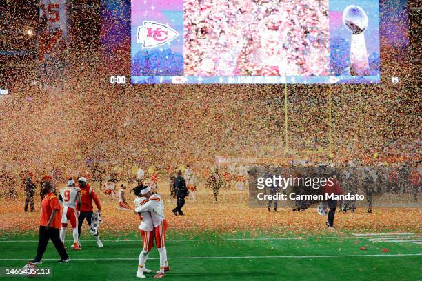 The Kansas City Chiefs celebrate after beating the Philadelphia Eagles in Super Bowl LVII at State Farm Stadium on February 12, 2023 in Glendale,...