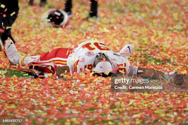 Derrick Nnadi of the Kansas City Chiefs celebrates after beating the Philadelphia Eagles in Super Bowl LVII at State Farm Stadium on February 12,...