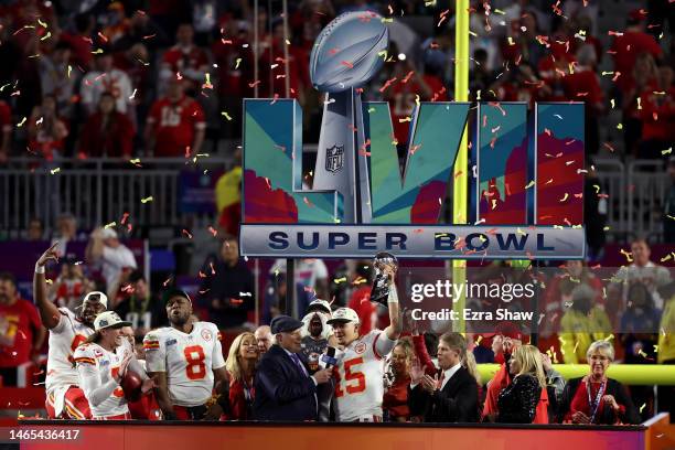 Patrick Mahomes of the Kansas City Chiefs celebrates with the Vince Lombardi Trophy after the Kansas City Chiefs beat the Philadelphia Eagles in...