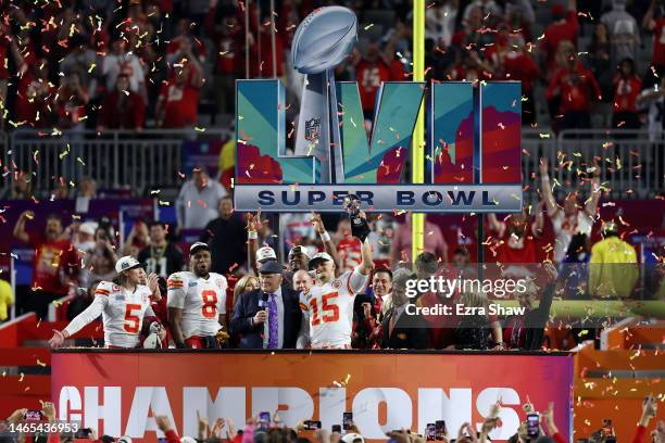 Patrick Mahomes of the Kansas City Chiefs celebrates with the Vince Lombardi Trophy after the Kansas City Chiefs beat the Philadelphia Eagles in...