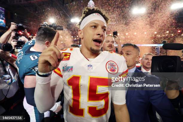 Patrick Mahomes of the Kansas City Chiefs celebrates after defeating the Philadelphia Eagles 38-35 in Super Bowl LVII at State Farm Stadium on...
