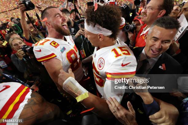 Travis Kelce and Patrick Mahomes of the Kansas City Chiefs embrace after defeating the Philadelphia Eagles 38-35 in Super Bowl LVII at State Farm...