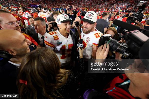 Travis Kelce and Patrick Mahomes of the Kansas City Chiefs celebrate after defeating the Philadelphia Eagles 38-35 in Super Bowl LVII at State Farm...