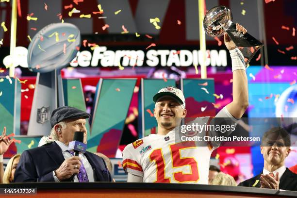 Patrick Mahomes of the Kansas City Chiefs celebrates with the the Vince Lombardi Trophy after defeating the Philadelphia Eagles 38-35 in Super Bowl...