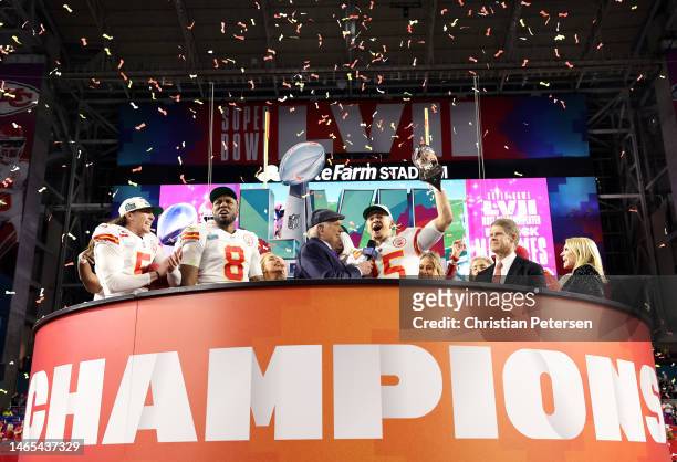 Patrick Mahomes of the Kansas City Chiefs celebrates with the the Vince Lombardi Trophy after defeating the Philadelphia Eagles 38-35 in Super Bowl...