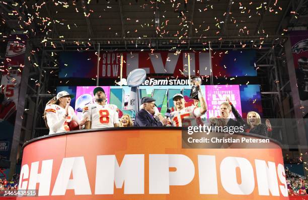 Patrick Mahomes of the Kansas City Chiefs celebrates with the the Vince Lombardi Trophy after defeating the Philadelphia Eagles 38-35 in Super Bowl...