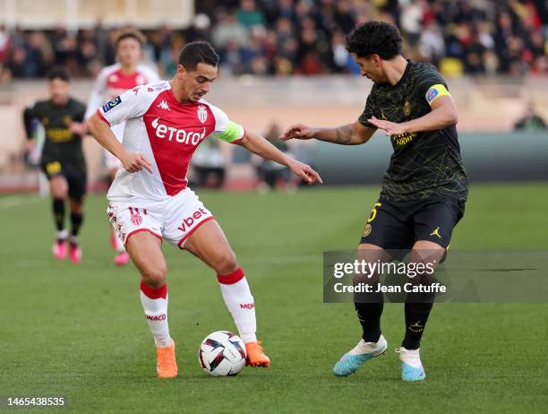 Wissam Ben Yedder of Monaco, Marquinhos of PSG during the Ligue 1 match between AS Monaco and Paris Saint-Germain at Stade Louis II on February 11,...