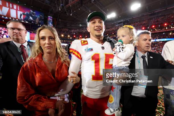 Patrick Mahomes of the Kansas City Chiefs celebrates with his wife Brittany Mahomes and daughter Sterling Skye Mahomes after the Kansas City Chiefs...