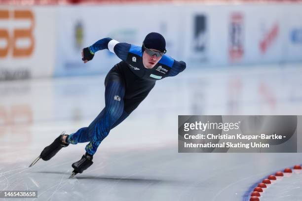 Andrey Semenov of Kazakhstan performs in Junior Men`s 1000m race during the ISU World Junior Speed Skating Championships at Max Aicher Arena on...