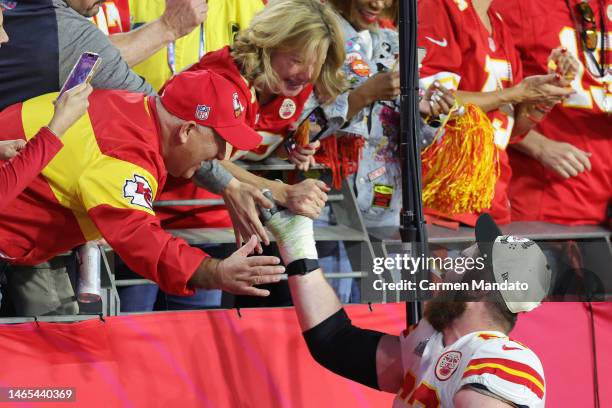 Joe Thuney of the Kansas City Chiefs celebrates after defeating the Philadelphia Eagles 38-35 in Super Bowl LVII at State Farm Stadium on February...