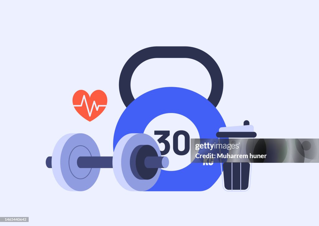 Weight training vector illustration. Dumbbell, kettlebell, heartbeat, and sports shaker bottle.