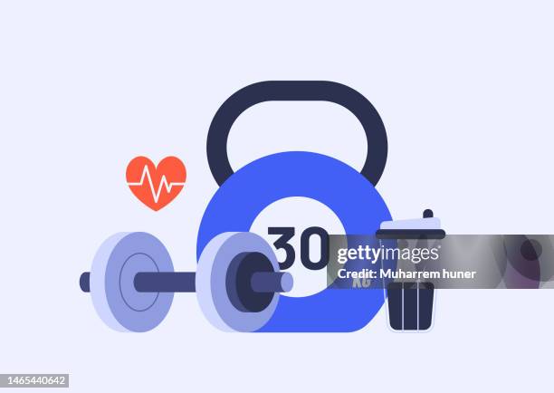 weight training vector illustration. dumbbell, kettlebell, heartbeat, and sports shaker bottle. - exercise equipment stock illustrations