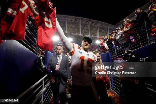 Patrick Mahomes of the Kansas City Chiefs walks off the field after beating the Philadelphia Eagles in Super Bowl LVII at State Farm Stadium on...