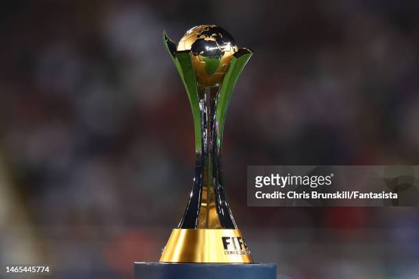 The FIFA Club World Cup trophy is seen ahead of the FIFA Club World Cup Morocco 2022 Final match between Real Madrid and Al Hilal at Prince Moulay...