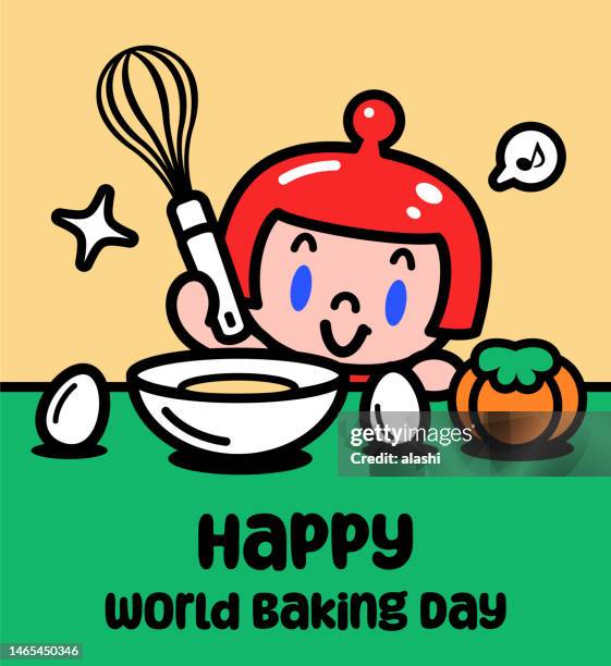 a cute girl robot holding an egg beater and enjoying baking - easter cake stock illustrations