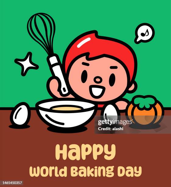 a cute boy holding an egg beater and enjoying baking - kids baking cake stock illustrations