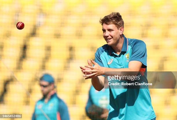 Cameron Green of Australia prepares to bowl during an Australia Test squad training session at Vidarbha Cricket Association Ground on February 13,...