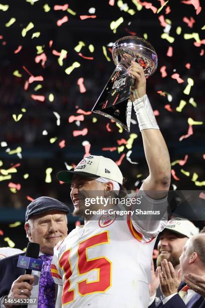 Patrick Mahomes of the Kansas City Chiefs celebrates with the the Vince Lombardi Trophy after defeating the Philadelphia Eagles 38-35 in Super Bowl...