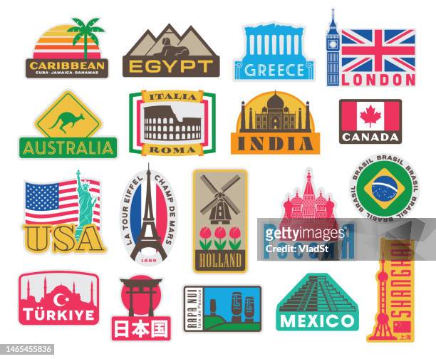 ilustrações de stock, clip art, desenhos animados e ícones de travel stickers and suitcase badges with tourist attractions and world landmarks - travel bag