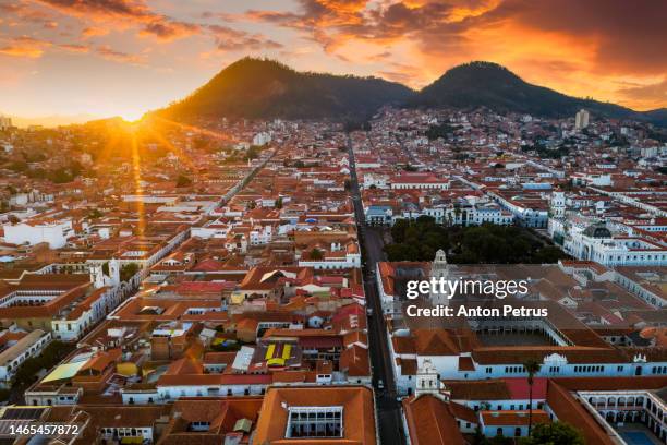 aerial view of old streets of the colonial city of sucre at sunset. bolivia - sucre stock pictures, royalty-free photos & images
