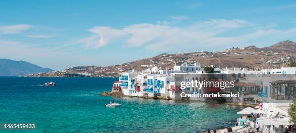 view on mykonos island, cyclades, greece - greek street stock pictures, royalty-free photos & images