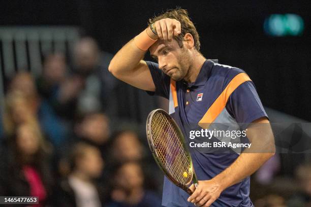 Quentin Halys of France in action during the qualification of the 50th ABN AMRO World Tennis Tournement 2023 at Ahoy on February 12, 2023 in...