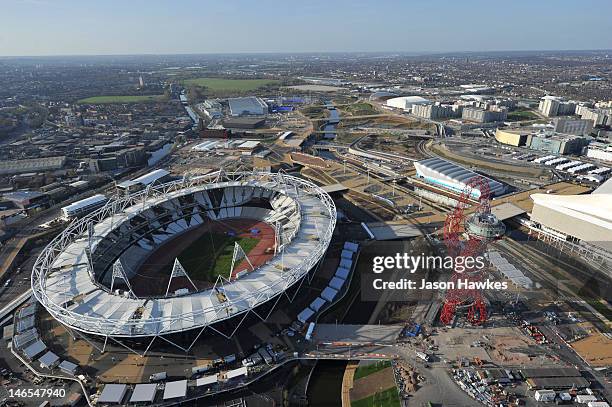 An aerial view over the London 2012 Olympic Stadium and The Orbit Tower on April 1, 2012 in Stratford, London.