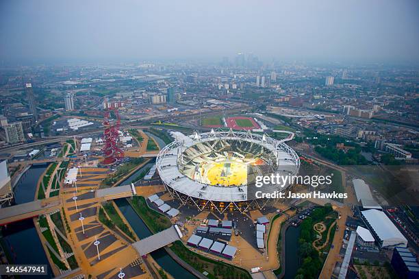 An aerial view over the London 2012 Olympic Stadium and the Orbit Tower on May 29, 2011 in Stratford, London.