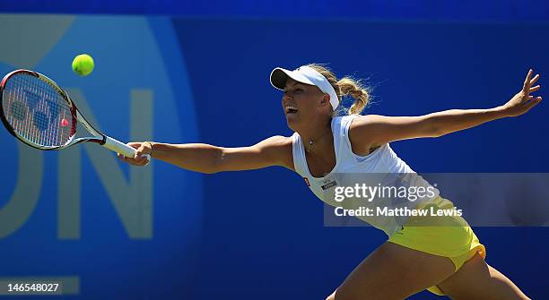 Caroline Wozniacki of Denmark in action against Christina McHale of the United States of America during day four of the AEGON International on June...