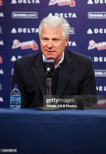 Atlanta Braves General Manager Frank Wren answers questions during a press conference in Atlanta, Georgia.