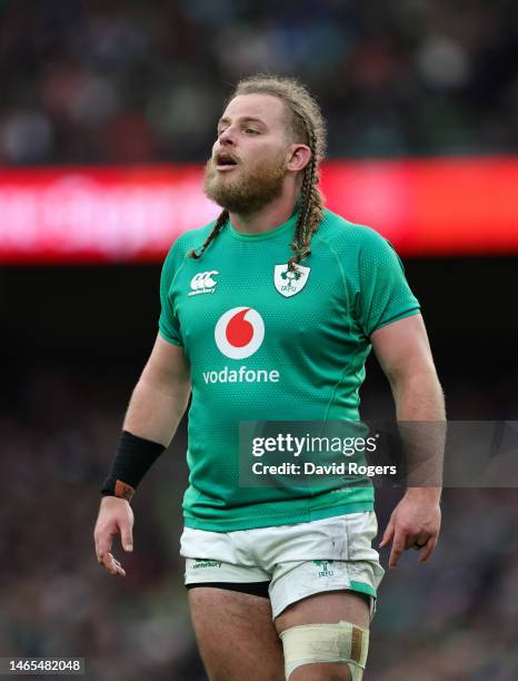 Finlay Bealham of Ireland looks on during the Six Nations Rugby match between Ireland and France at the Aviva Stadium on February 11, 2023 in Dublin,...