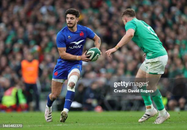 Romain Ntamack of France takes on Garry Ringrose during the Six Nations Rugby match between Ireland and France at the Aviva Stadium on February 11,...