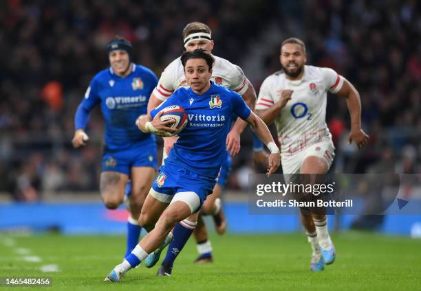 Ange Capuozzo of Italy breaks with the ball during during the Six Nations Rugby match between England and Italy at Twickenham Stadium on February 12,...