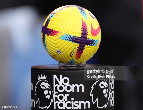 Detailed view of a plinth holding the match ball which reads 'No Room For Racism' prior to the during the Premier League match between Manchester...