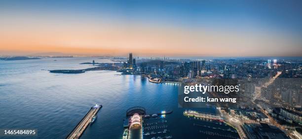 panorama of cbd in may fourth square, qingdao, shandong, china - oriental movie metropolis stock pictures, royalty-free photos & images