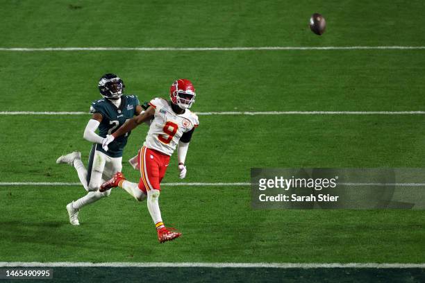 James Bradberry of the Philadelphia Eagles is called for holding against JuJu Smith-Schuster of the Kansas City Chiefs during the fourth quarter in...