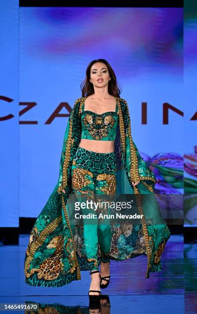 Model walks the runway wearing Czarina during New York Fashion Week Powered by Art Hearts Fashion at The Angel Orensanz Foundation on February 12,...