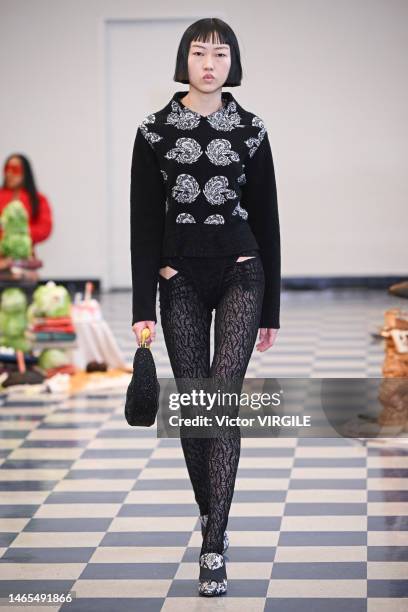 Model walks the runway during the Puppets & Puppets Ready to Wear Fall/Winter 2023-2024 fashion show as part of the New York Fashion Week on February...