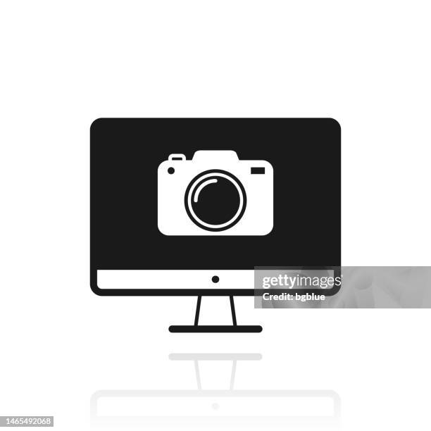 desktop computer with camera. icon with reflection on white background - digital camera stock illustrations