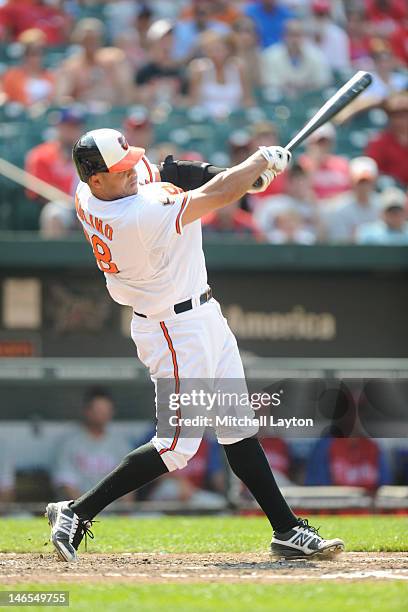 Ronny Paulino of the Baltimore Orioles takes a swing during an interleague baseball game against the Philadelphia Phillies on June 10, 2012 at Oriole...