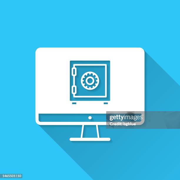 desktop computer with safe box. icon on blue background - flat design with long shadow - desktop computer screen close stock illustrations