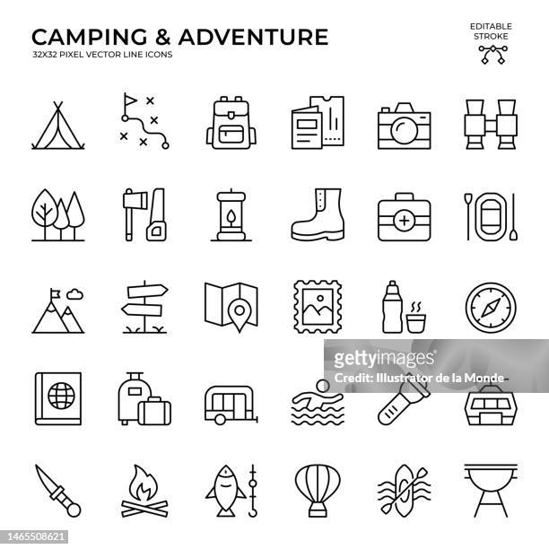 bildbanksillustrationer, clip art samt tecknat material och ikoner med editable stroke vector icon set of camping and adventure - map monde vector